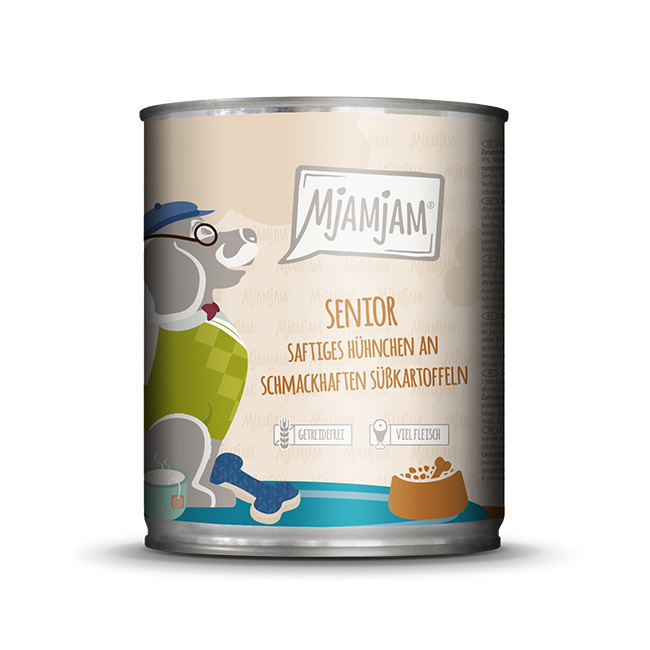 21084_MjAMjAM_Hund_800g_Senior-Huhn_4255634606210-jpg.jpg saftiges Hühnchen an schmackhaften Süsskartoffeln 800 g – Bild 1