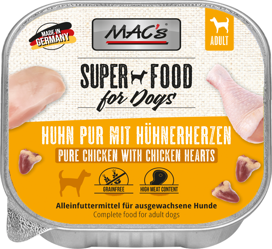 Huhn-pur-1.png DOG Huhn pur mit Hühnerherzen 150 g – Bild 1