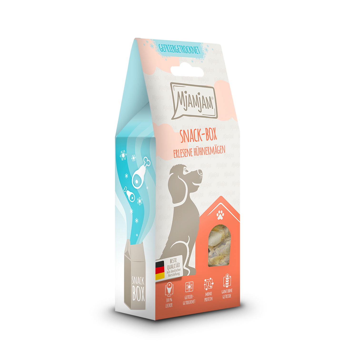 I-Hotfolder-Snack-BOX-Produktfotos-Snack-BOX_HUND-Mjamjam_Snack-Box-Hund_H-hnerm-gen-png-1.png Snackbox – erlesene Hühnermägen 70 g – Bild 1