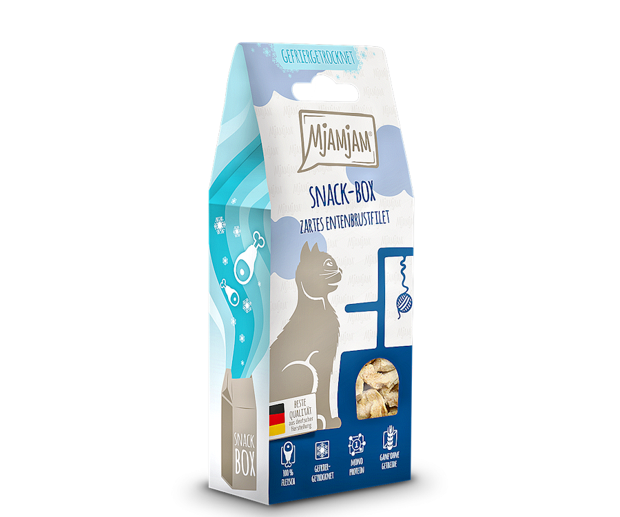Mjamjam-Snack-Katze-Entenbrust_600x600@2x.png Snackbox – zartes Entenbrustfilet 40 g – Bild 1