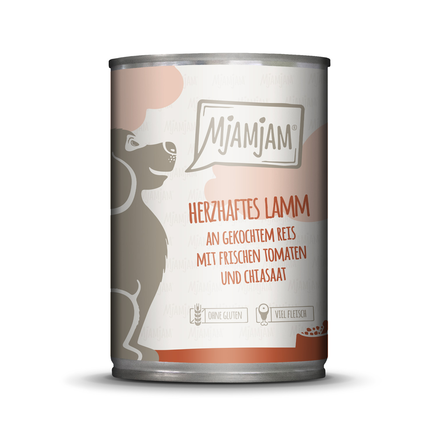 Mjamjam_DOG_Herzhaftes-Lamm_400g_1500px.jpg Herzhaftes Lamm an gekochtem Reis mit frischen Tomaten und Chiasaat 800 g – Bild 1