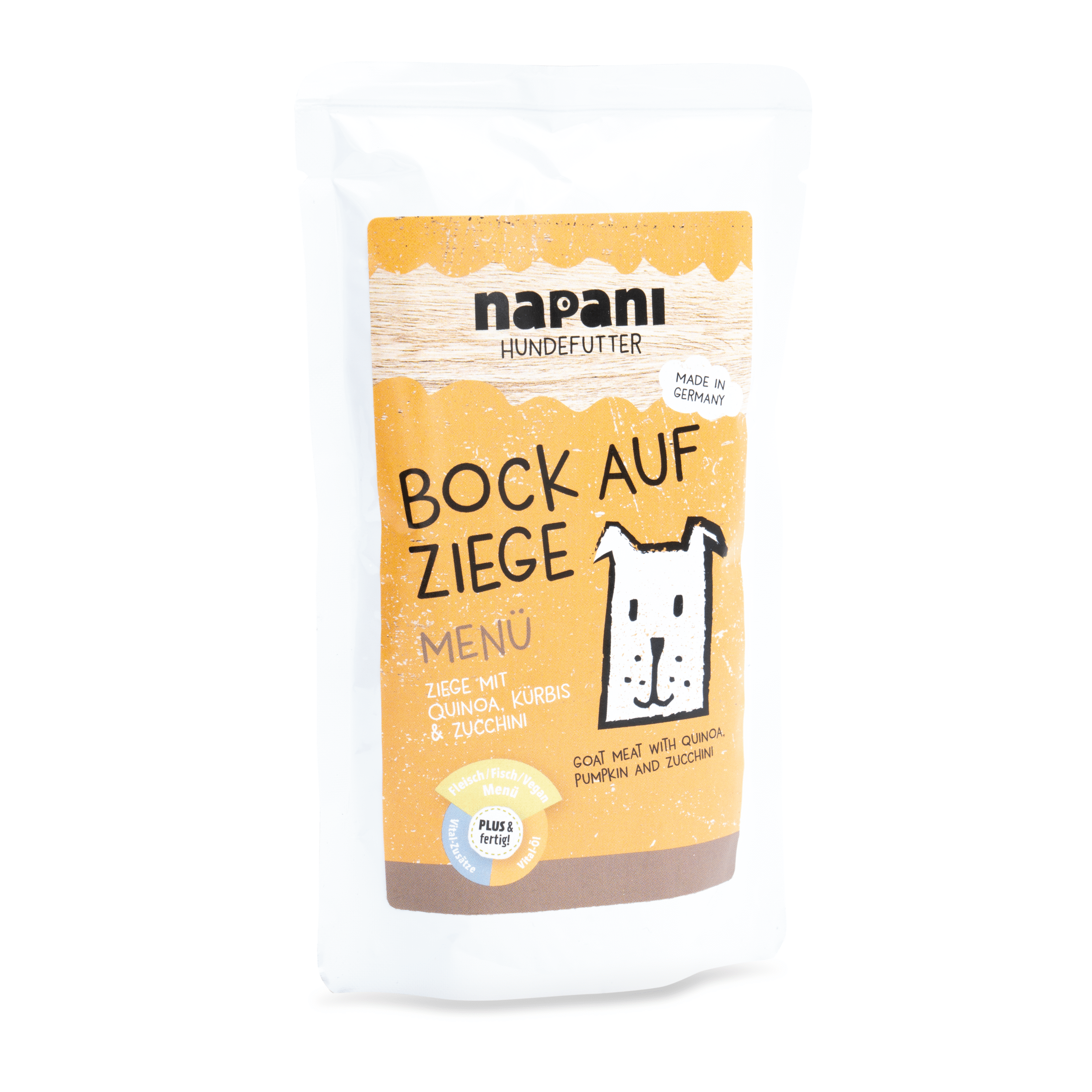 napani_bock_auf_ziege_150g.png Menü für Hunde "Bock auf Ziege" mit Ziege und Quinoa 150 g – Bild 1
