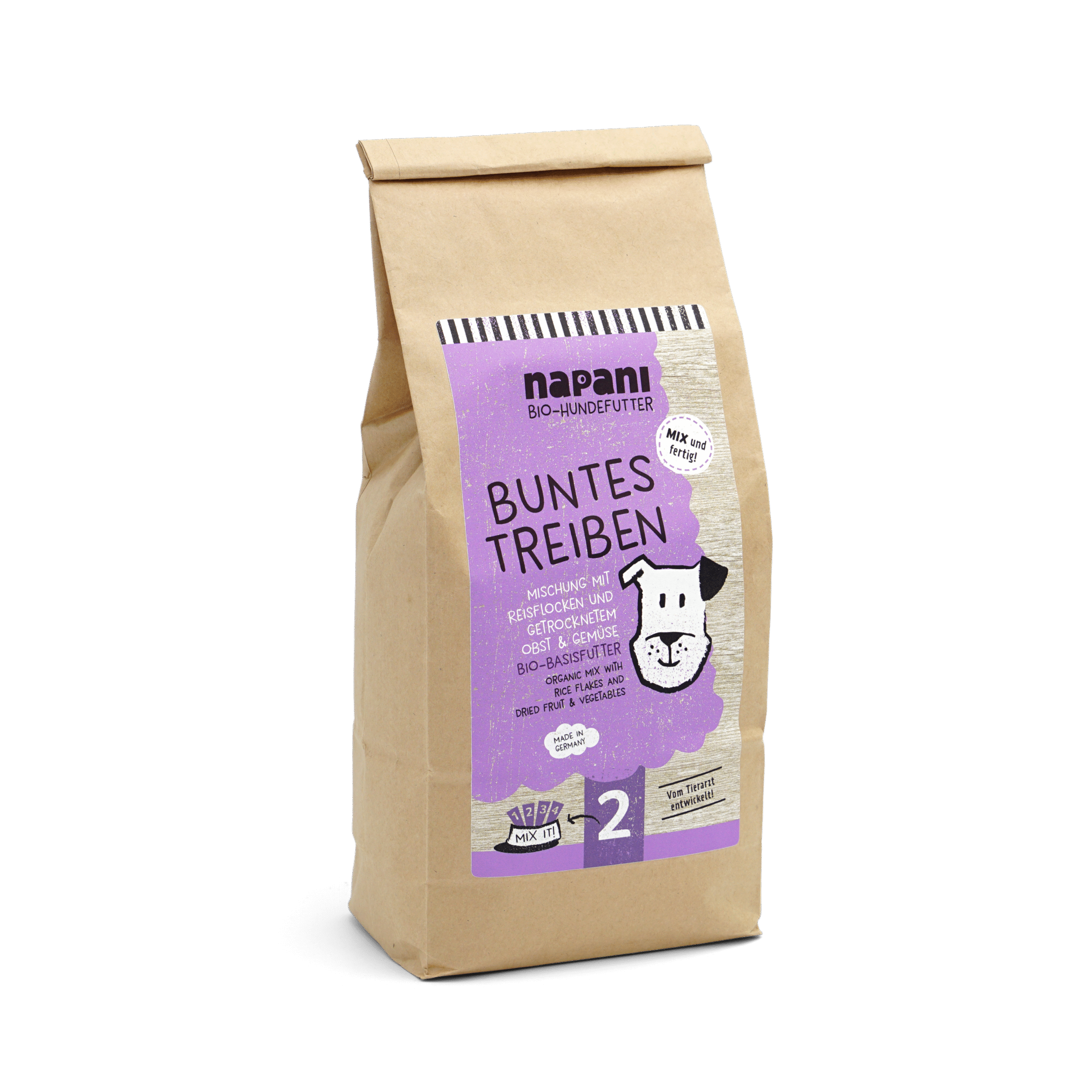 napani_buntes_treiben_1kg.png Bio-Basisfutter "Buntes Treiben" für Hunde mit Reis und Kürbis 1 kg – Bild 1