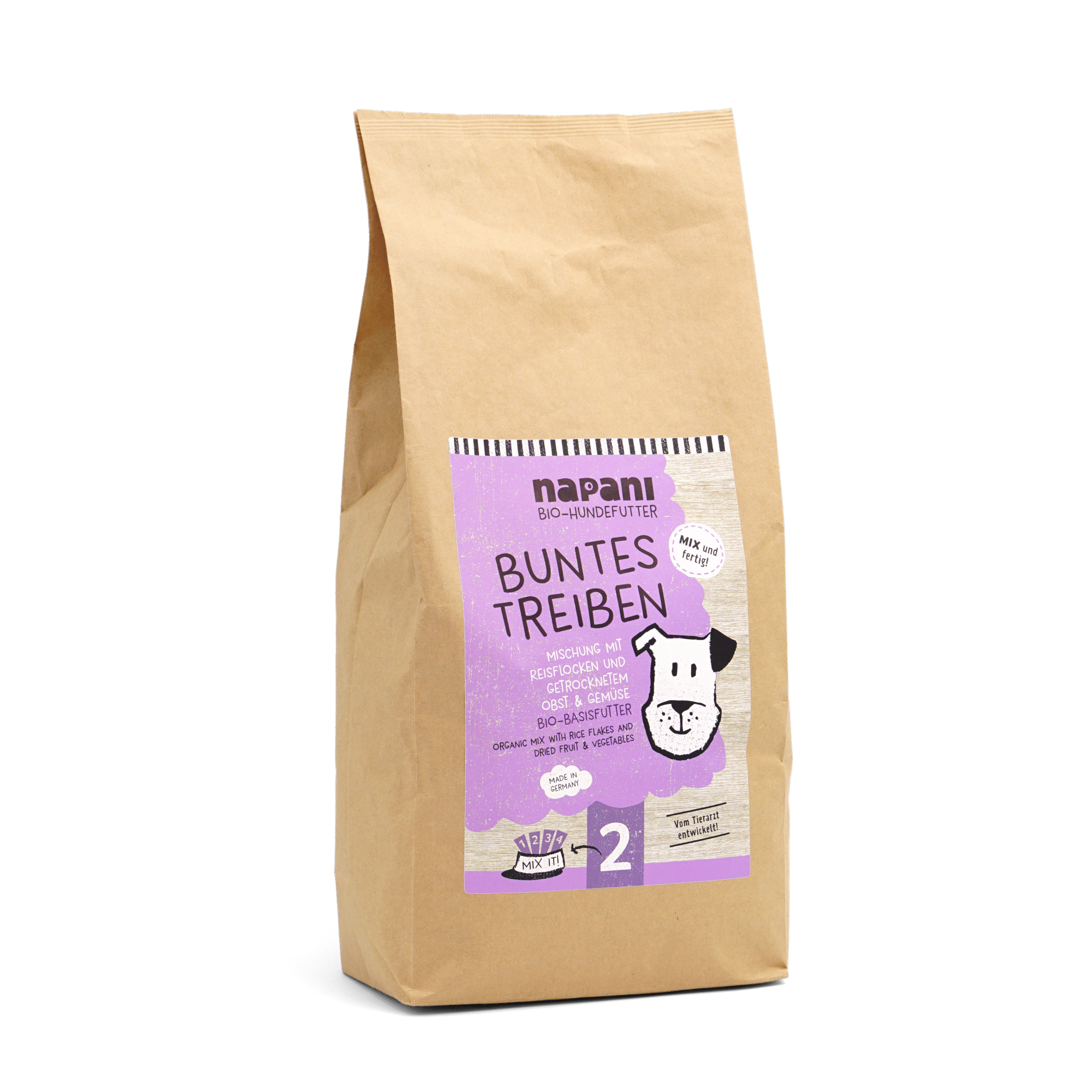 napani_buntes_treiben_3kg.png Bio-Basisfutter "Buntes Treiben" für Hunde mit Reis und Kürbis 3 kg – Bild 1