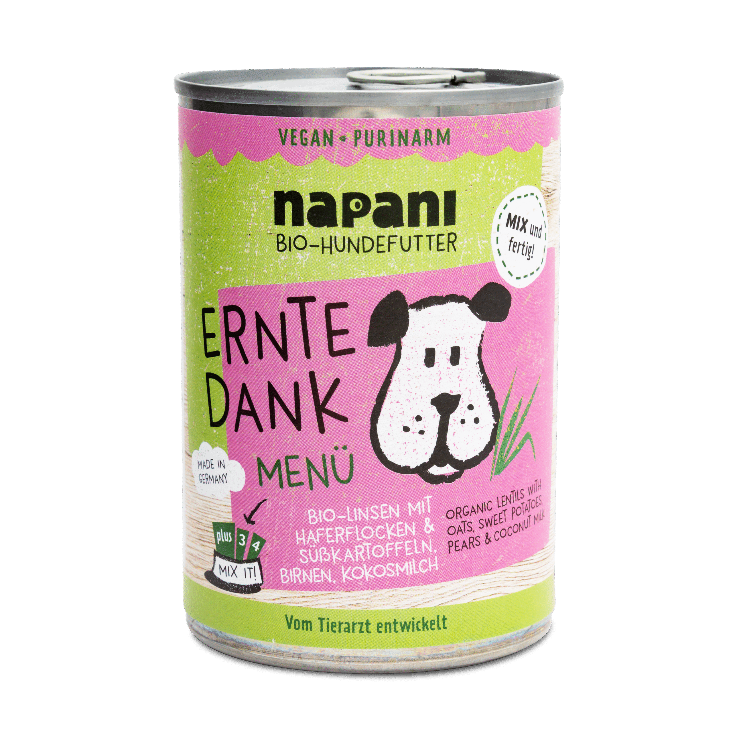 napani_ernte_dank_400_neues_label.png Bio Menü für Hunde Ernte Dank mit Linsen und Haferflocken 400 g – Bild 1