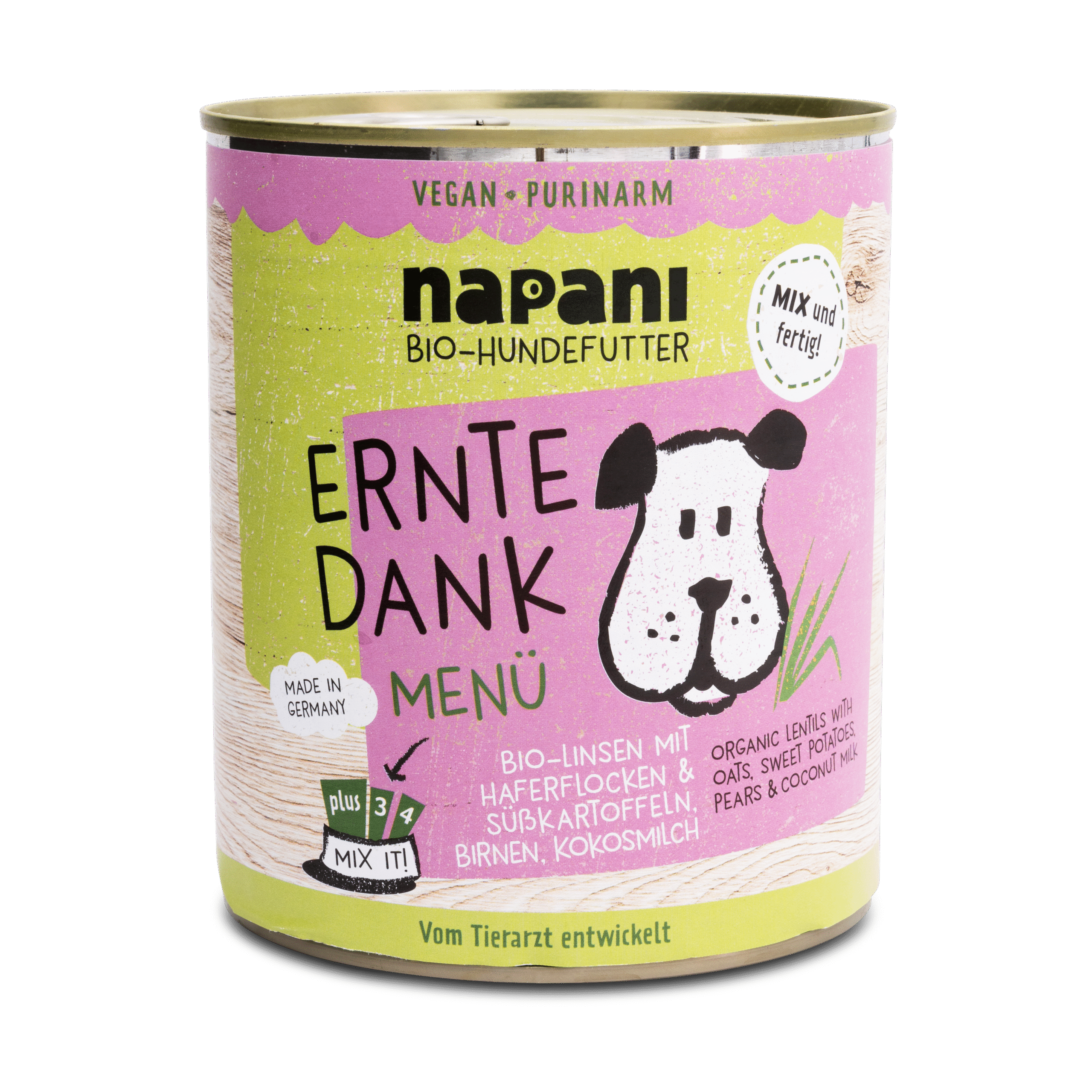 napani_ernte_dank_800_neu_neu.png Bio Menü für Hunde Ernte Dank mit Linsen und Haferflocken 800 g – Bild 1