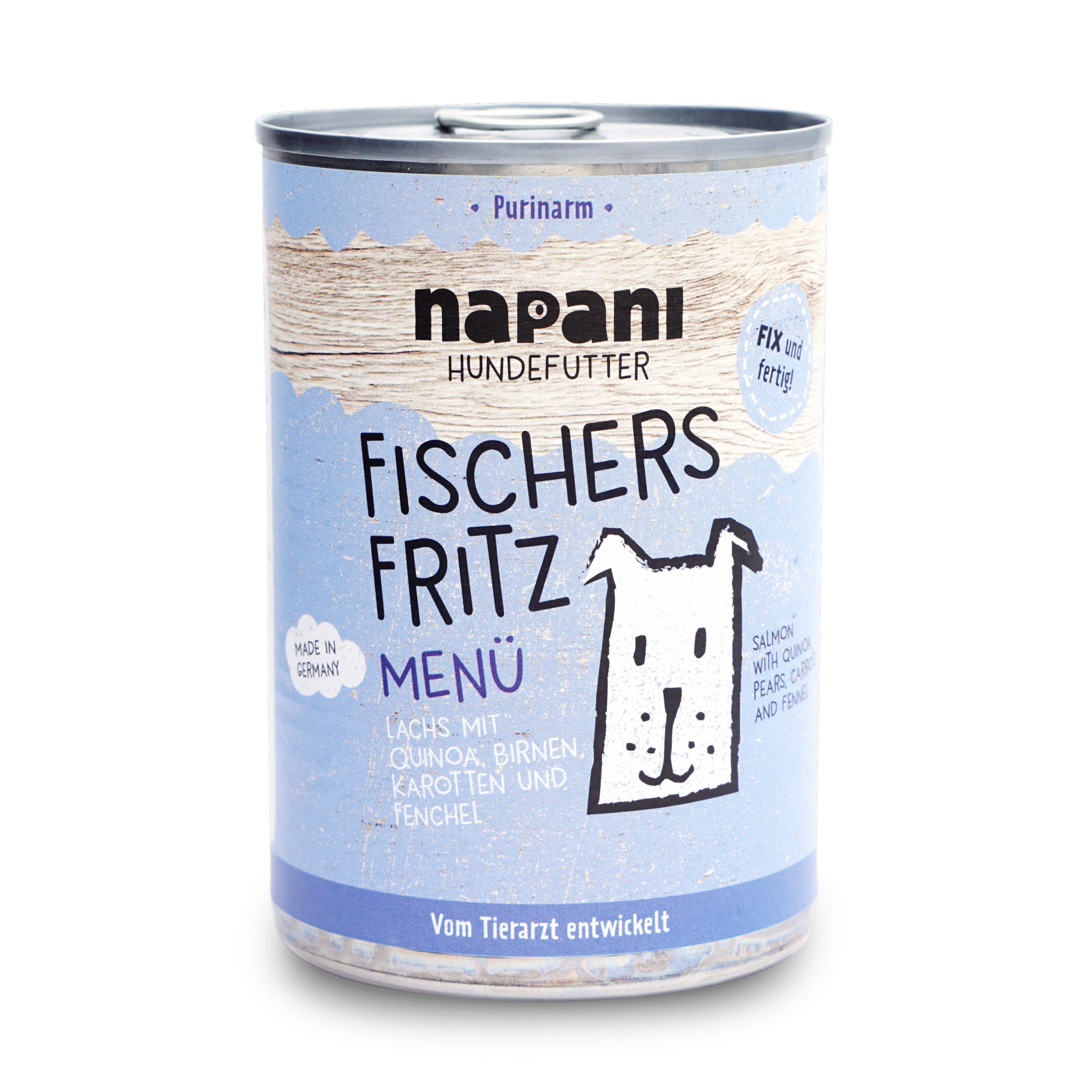 napani_fischers_fritz_400.png Menü für Hunde "Fischers Fritz" mit Lachs und Quinoa 400 g – Bild 1