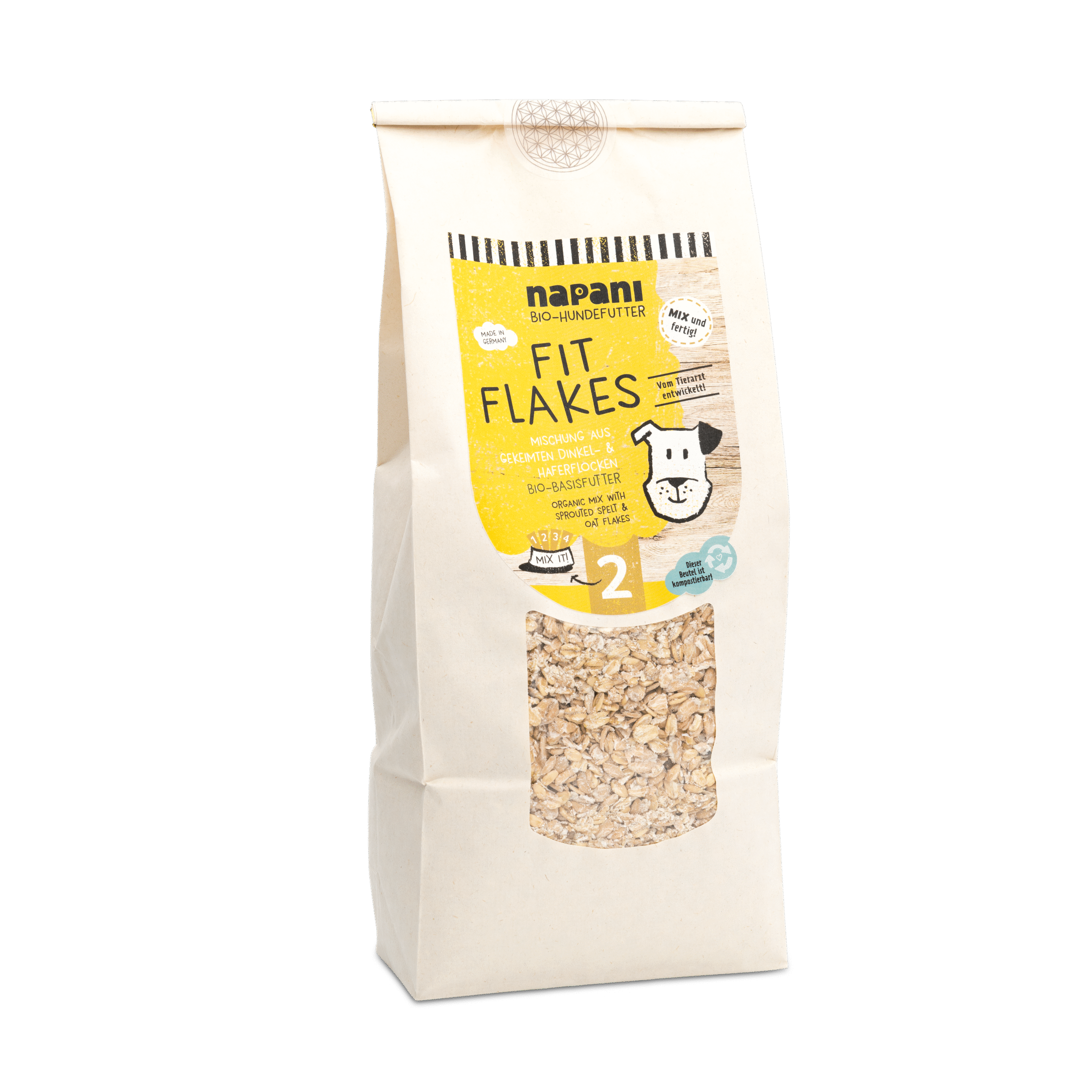 napani_fit_flakes.png Bio-Basisfutter "Fit Flakes" für Hunde mit Hafer-und Dinkelflocken 1000 g – Bild 1