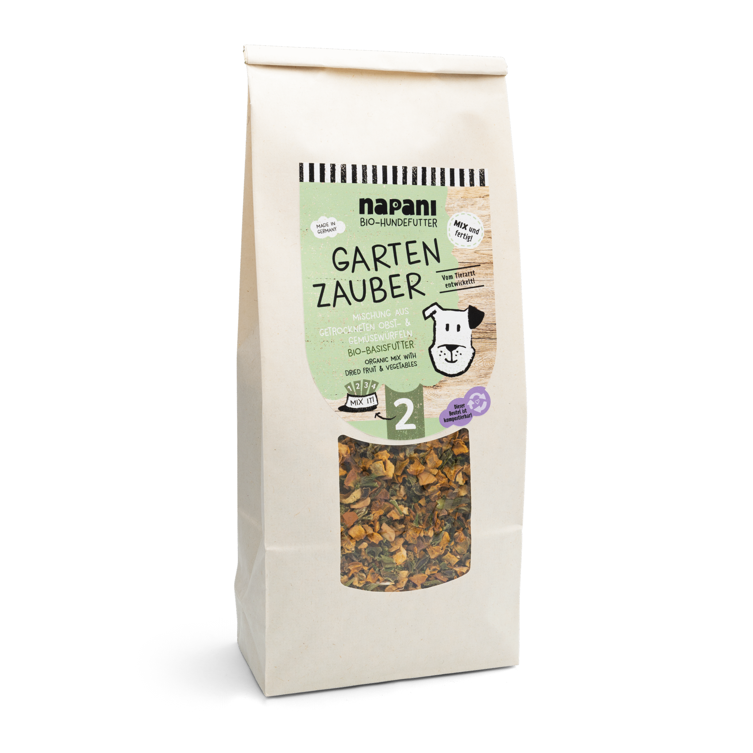 napani_gartenzauber.png Bio-Basisfutter "Garten Zauber" für Hunde mit Brokkoli und Kürbis 500 g – Bild 1