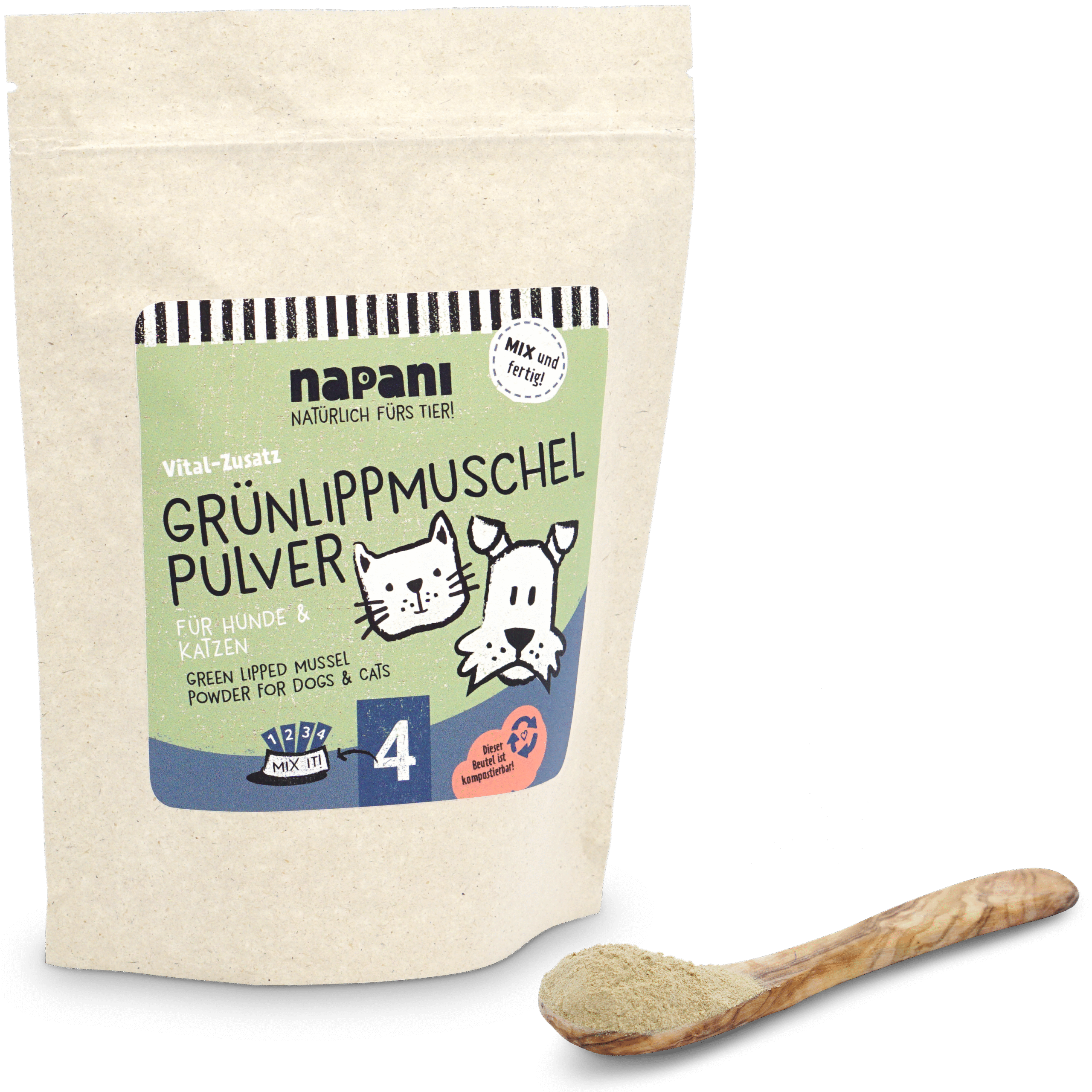 napani_gruenlippmuschel_pulver_loeffel.png Grünlippmuschelpulver für Hunde & Katzen 150 g – Bild 1