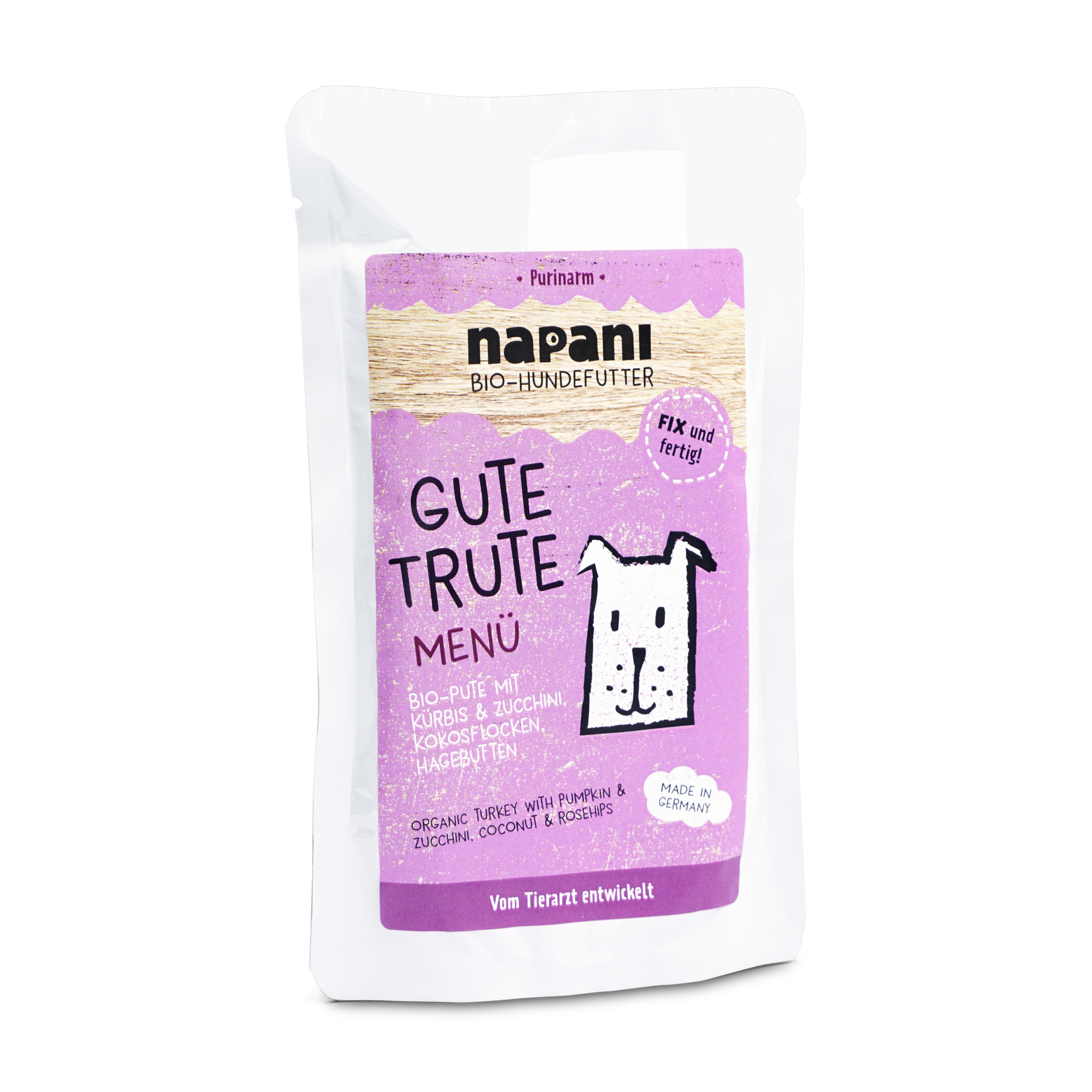 napani_gute_trute_150.png Bio Menü für Hunde "Gute Trute" mit Pute und Zucchini 150 g – Bild 1