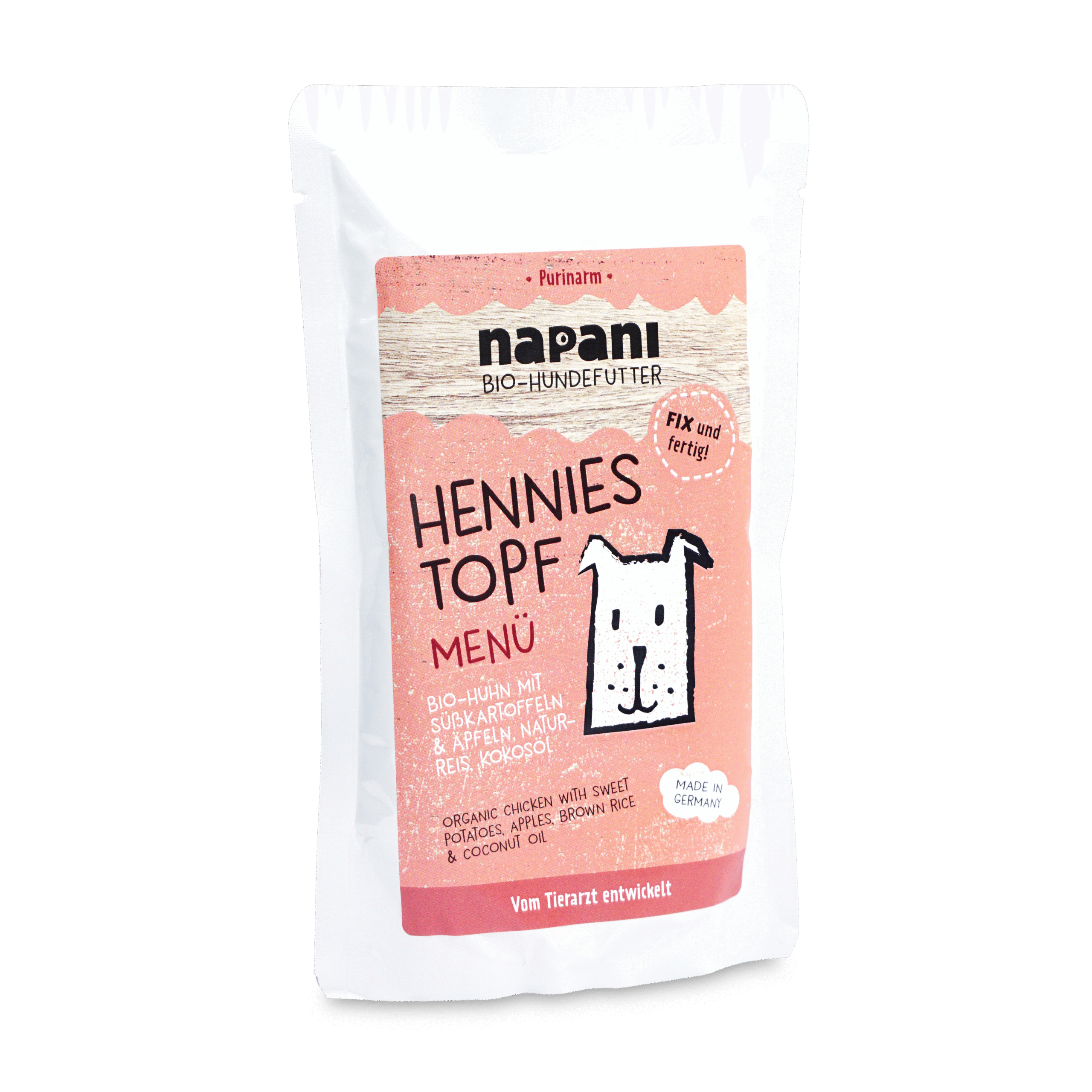 napani_hennies_topf_150.png Bio Menü für Hunde "Hennies Topf" mit Huhn und Naturreis 150 g – Bild 1