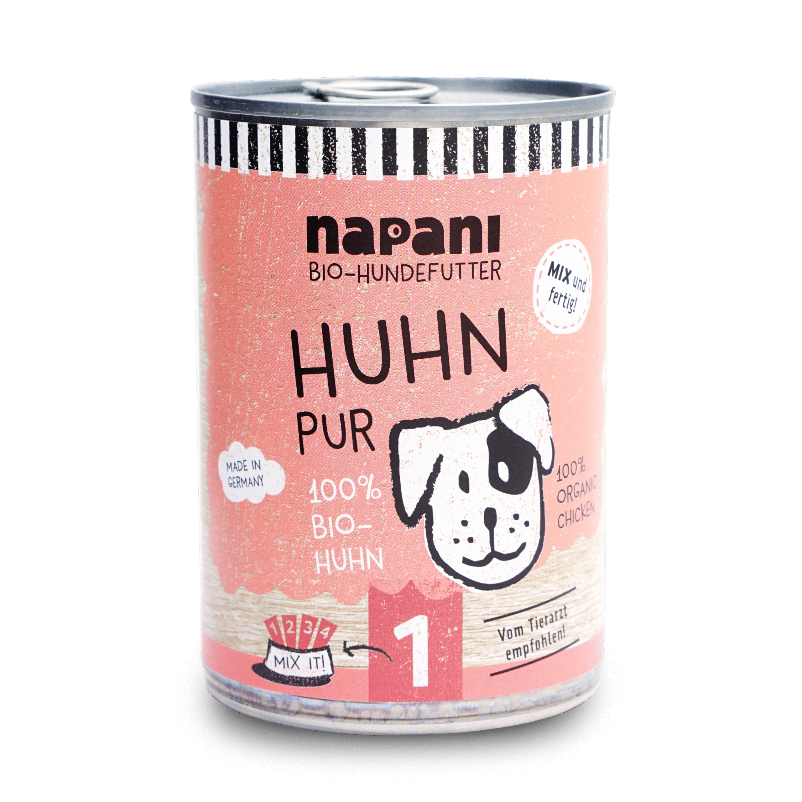 napani_huhn_pur_400.png Bio-Dosenfutter für Hunde Huhn pur 400 g – Bild 1
