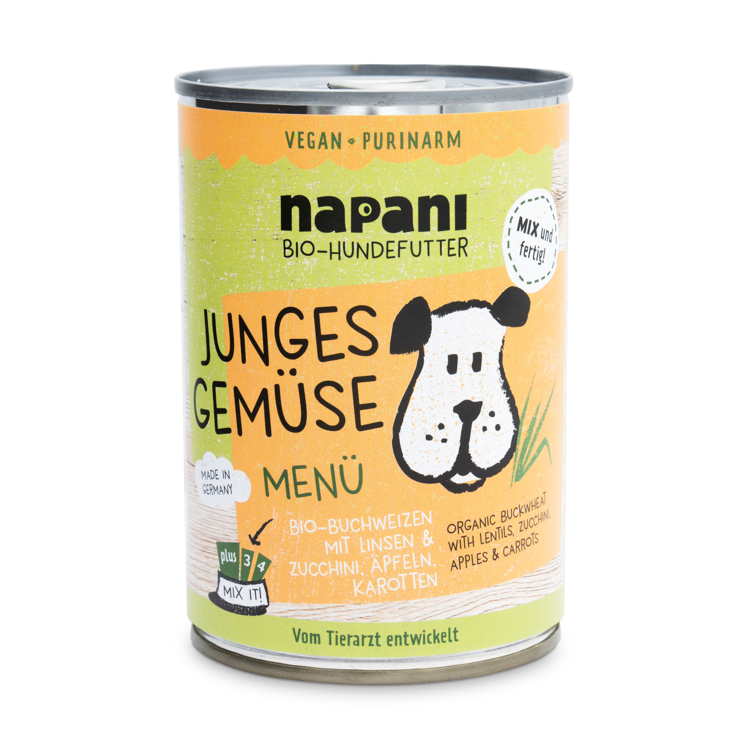 napani_junges_gemuese_400_neu.png Bio Menü für Hunde Junges Gemüse mit Buchweizen und Linsen 400 g – Bild 1