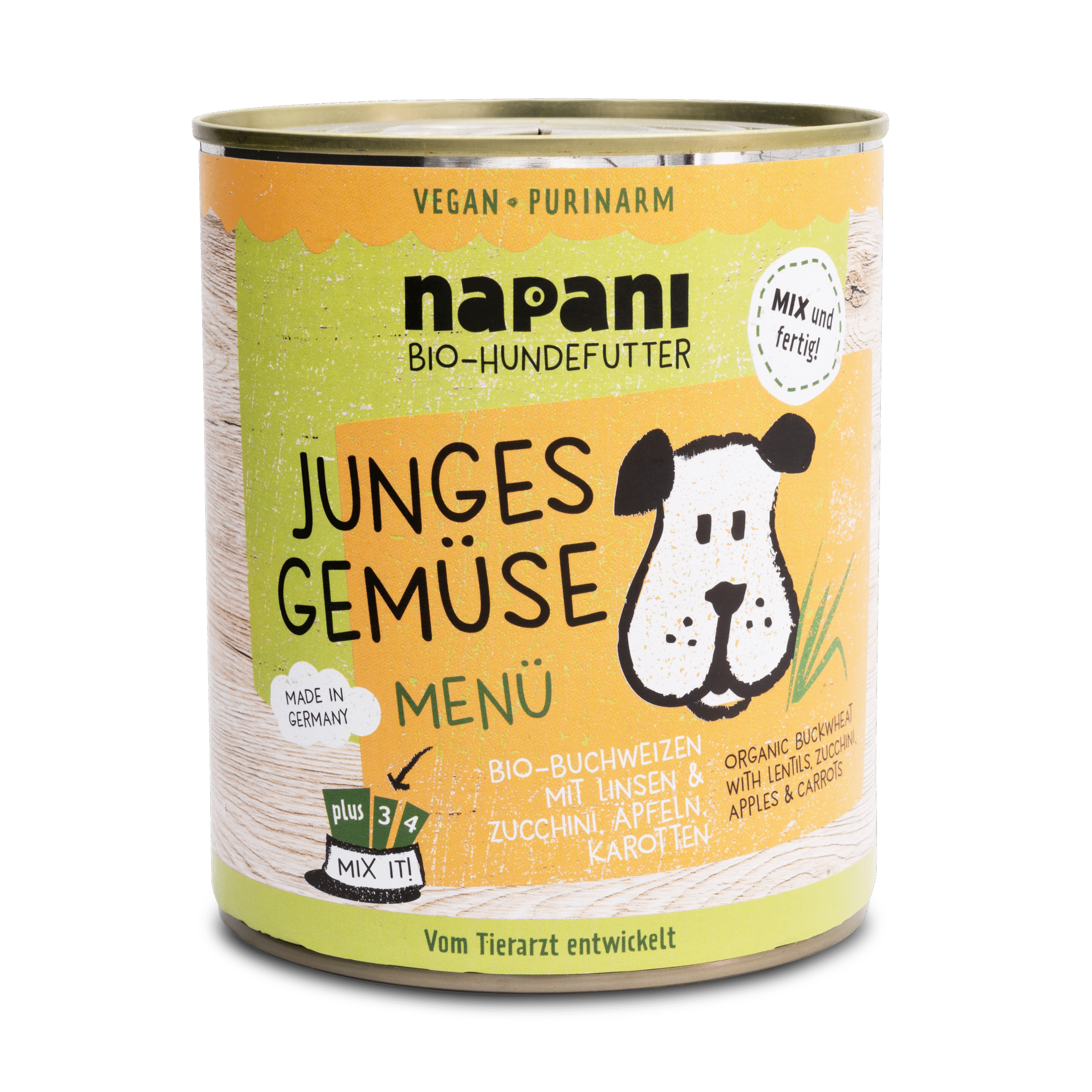 napani_junges_gemuese_800_neu_neu.png Bio Menü für Hunde Junges Gemüse mit Buchweizen und Linsen 800 g – Bild 1