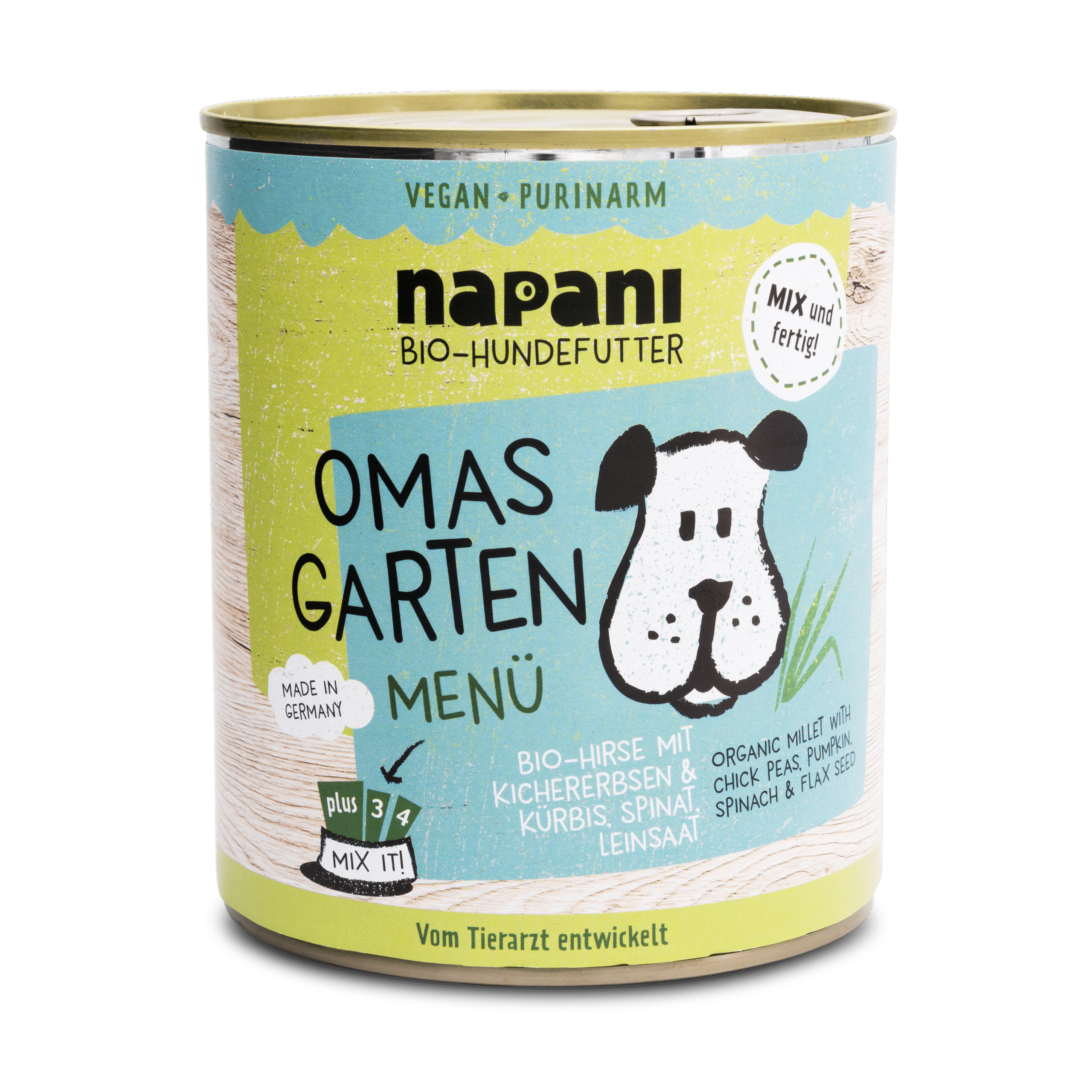 napani_omas_garten_800_neu_neu.png Bio Menü für Hunde Omas Garten mit Hirse und Kichererbsen 800 g – Bild 1