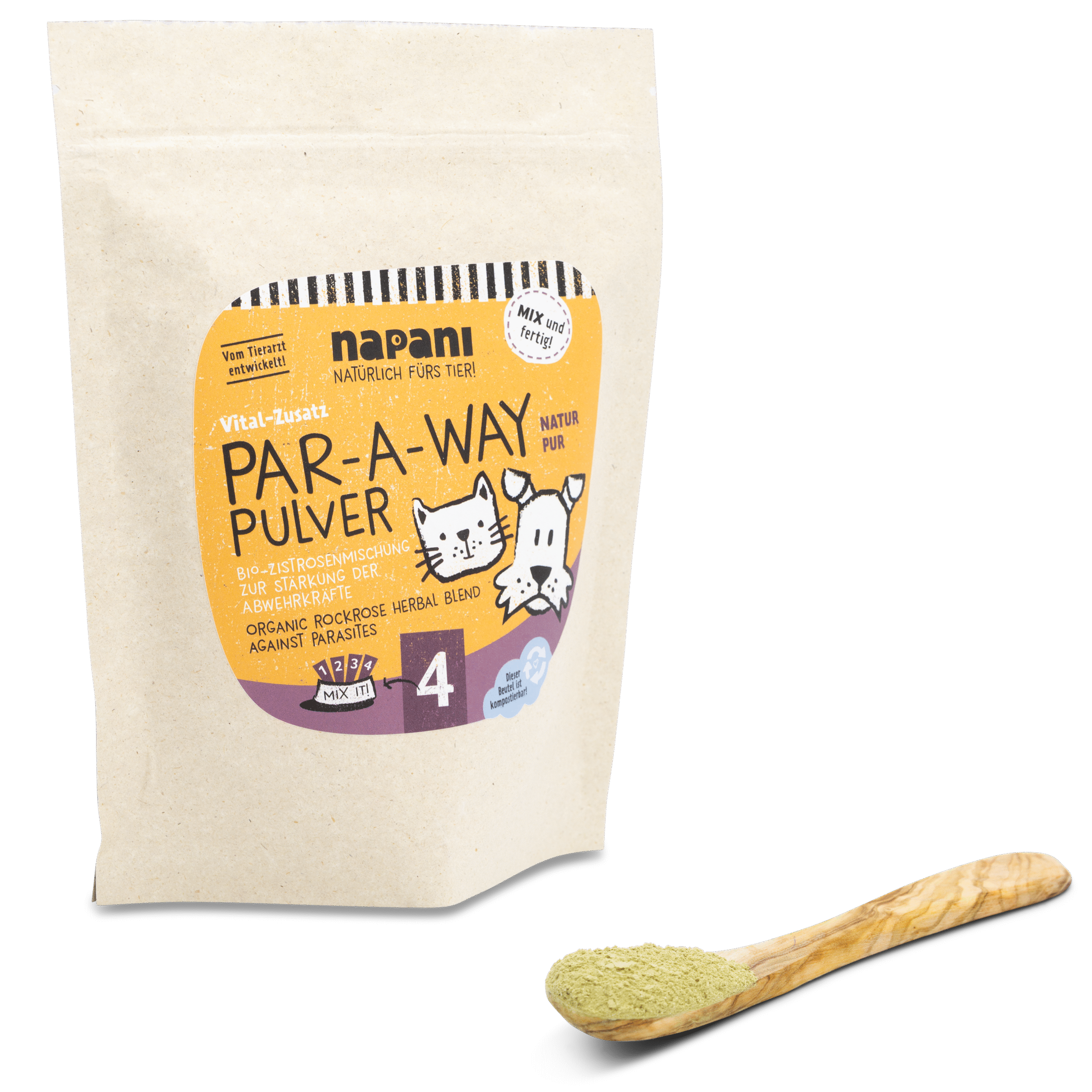 napani_par-a-way_pulver_mit_loeffel.png Par-A-Way Bio-Zistrosenmischung für Hunde & Katzen 250 g – Bild 1