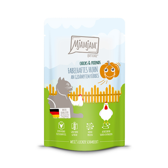 11371_MjAMjAM_Katze_125g_Chicks-and-Friends_Kuerbis_4255634605800-jpg.jpg Chicks & Friends fabelhaftes Huhn an gedämpftem Kürbis 125 g – Bild 1