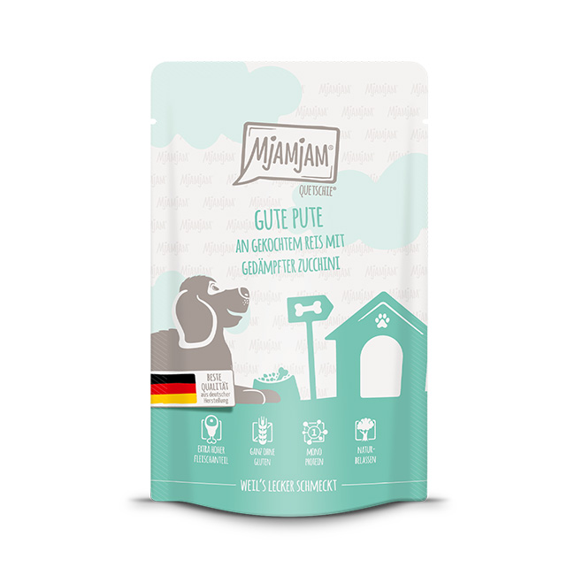 21101_MjAMjAM_Hund_125g_Pute-Reis_4260512879938-jpg.jpg gute Pute an gekochtem Reis mit gedämpfter Zucchini 125 g – Bild 1