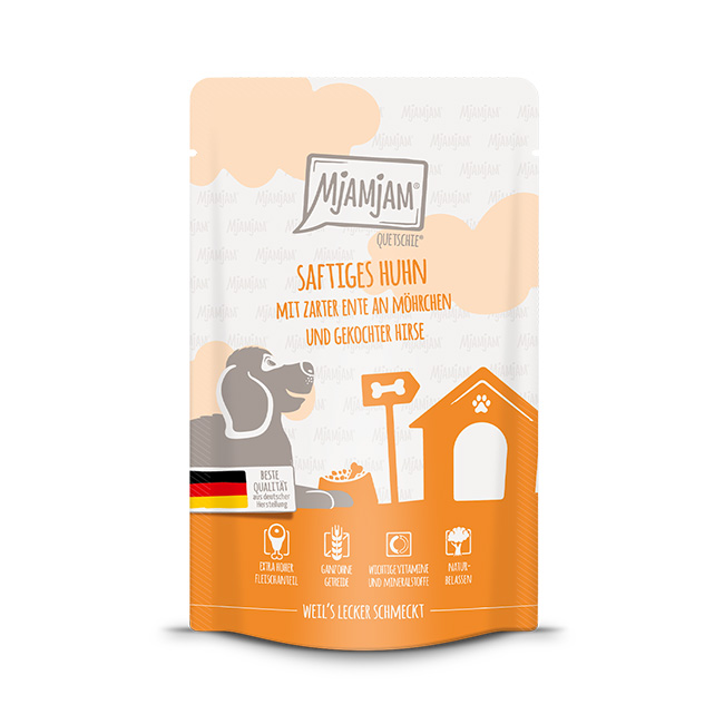 21106_MjAMjAM_Hund_125g_Huhn-Ente_4260512879884-jpg.jpg saftiges Huhn mit zarter Ente an Möhrchen und gekochter Hirse 125 g – Bild 1