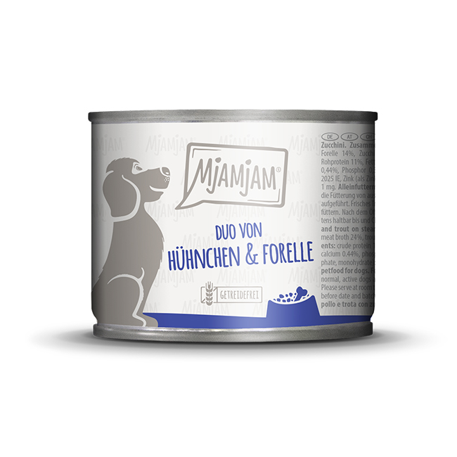 22193_MjAMjAM_Hund_200g_DUO-Huhn-Forelle_4255634602342-jpg.jpg DUO von saftigem Hühnchen & Forelle an gedämpfter Zucchini 200 g – Bild 1