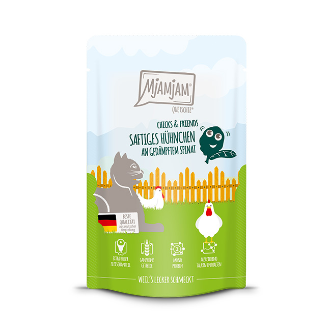 MjAMjAM-Quetschie-Chicks-Friends-saftiges-Huehnchen-an-gedaempftem-Spinat.jpg Chicks & Friends – saftiges Hühnchen an gedämpftem Spinat 125 g – Bild 1