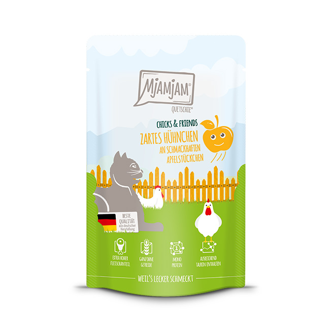 MjAMjAM-Quetschie-Chicks-Friends-zartes-Huehnchen-an-schmackhaften-Apfelstueckchen.jpg Chicks & Friends – zartes Hühnchen an schmackhaften Apfelstückchen 125 g – Bild 1