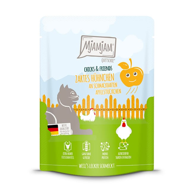 MjAMjAM_Katze_300g_Chicks-and-Friends_Apfel.jpg Chicks & Friends köstliches Huhn an feinen Möhrchen – Bild 1