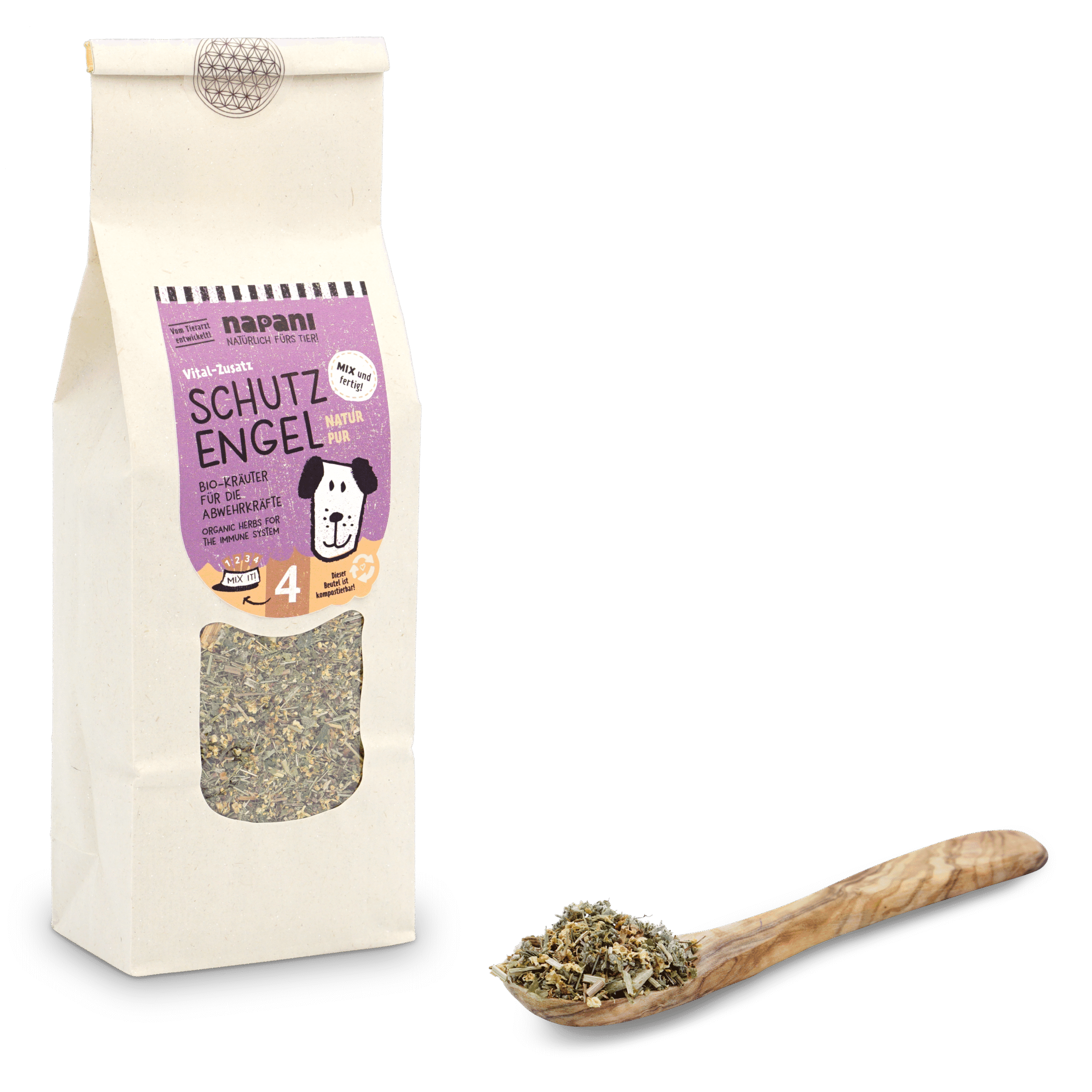 napani_schutzengel_kraeutermischung_mit_loeffel-scaled-1.png Bio-Kräutermischung "Schutzengel" f. Hunde 100g – Bild 1