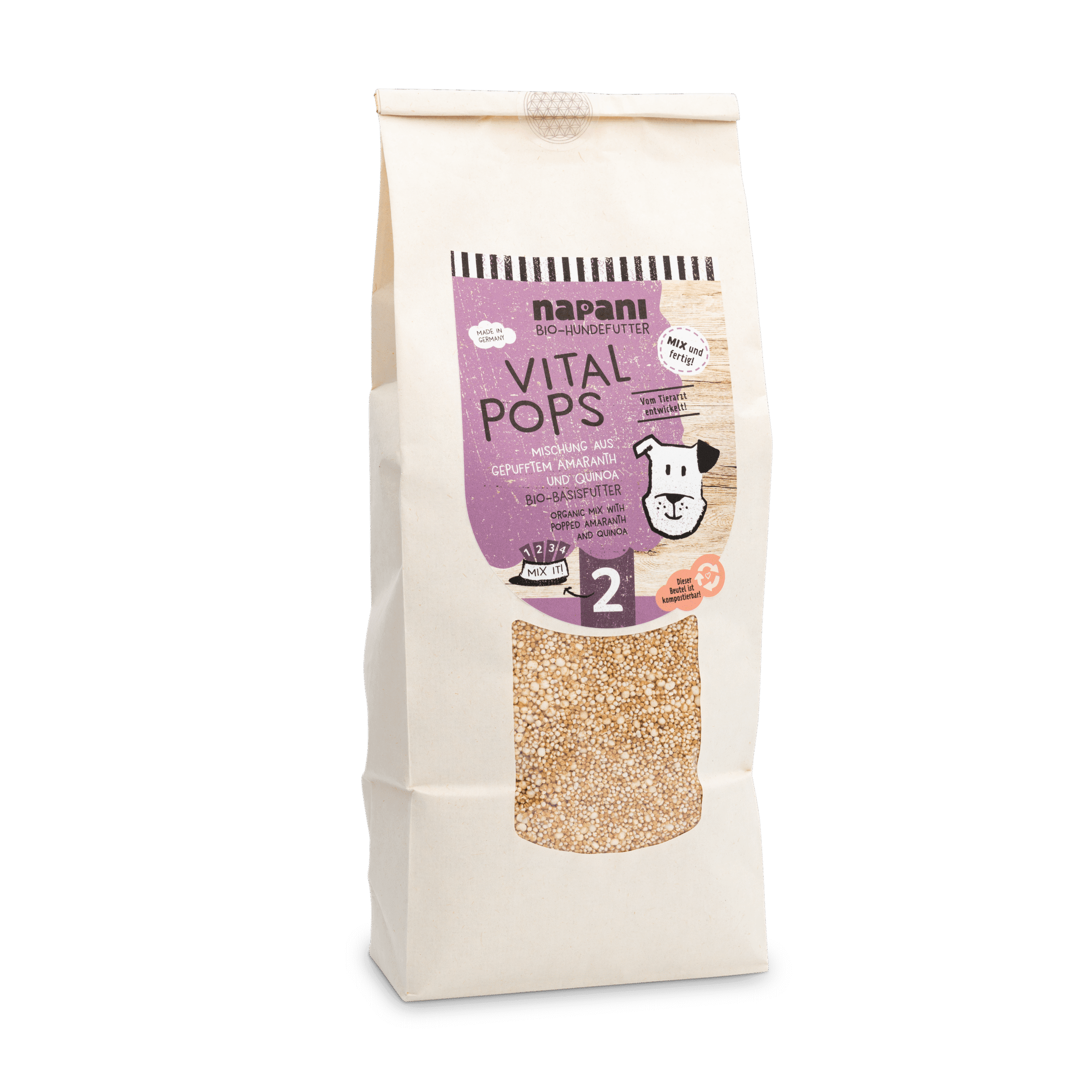 napani_vital_pops-scaled-1.png Bio-Basisfutter "Vital Pops" für Hunde mit Amaranth und Quinoa – Bild 1