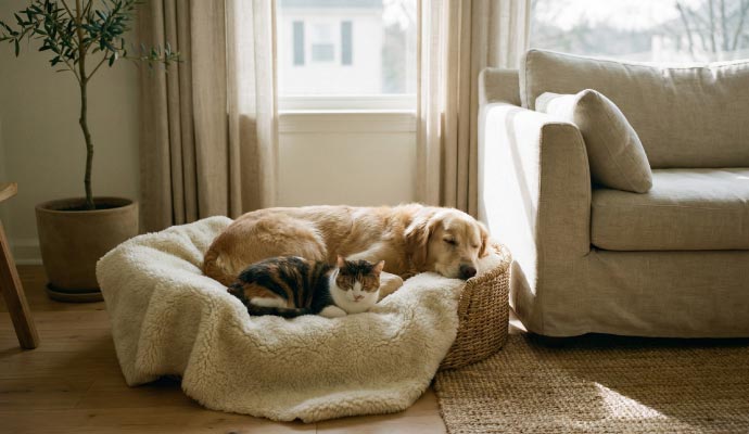 Hunde und Katze schlafen